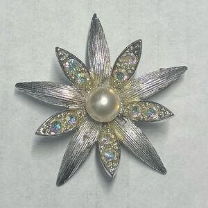 Emmons Silver Floral Brooch with Glass Pearl Center
